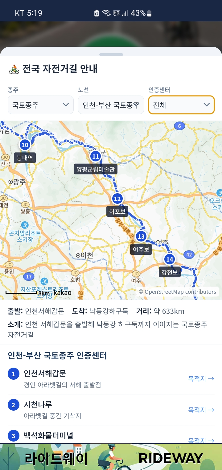 라이드웨이 전국 자전거길 안내 화면 — 종주 노선과 인증센터가 표시된 지도